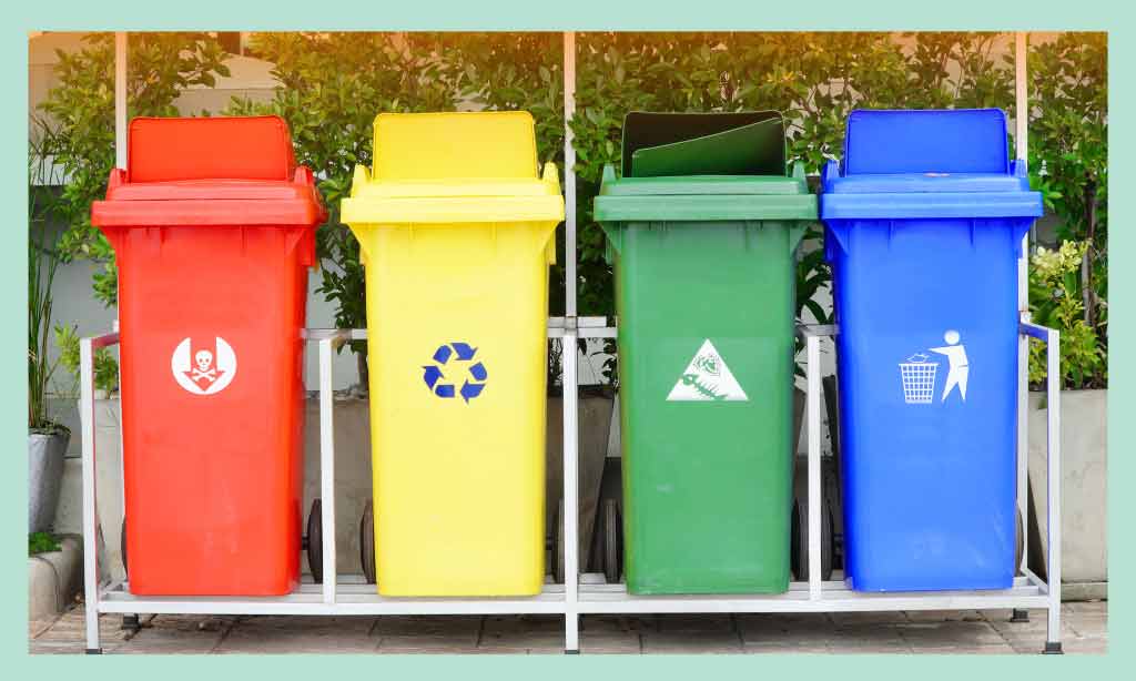Different types of waste categorized into different trash cans