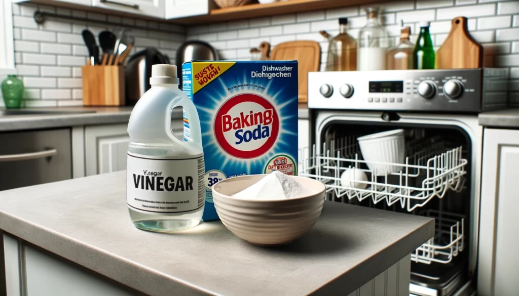 Alternative solutions when out of dishwasher detergent: baking soda and vinegar.