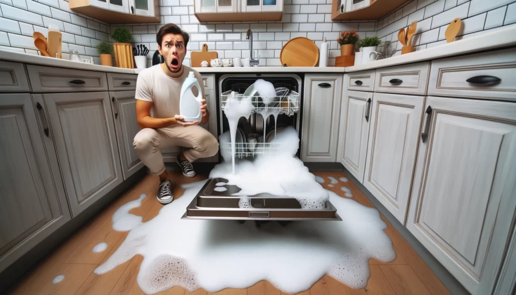 Dishwasher overflowing with suds due to the use of dish soap.