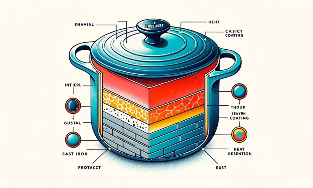 Le Creuset pot's material composition, showing enamel coating and cast iron layers