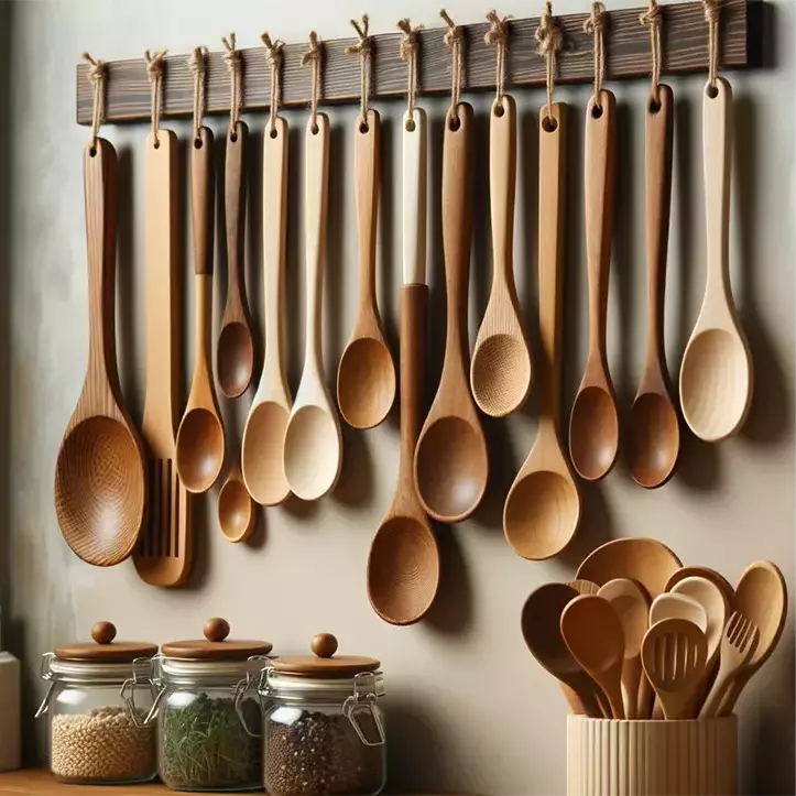 A collection of wooden spoons in excellent condition, hanging neatly on a kitchen wall above a counter, showing proper maintenance