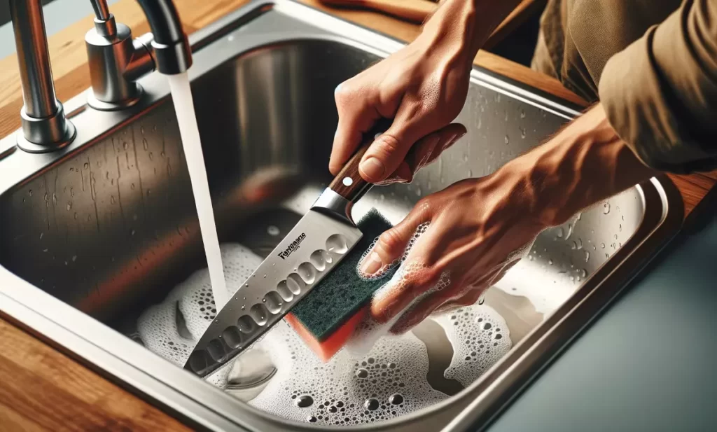 A person hand washing a Farberware knife with a sponge using warm water and mild soap.
