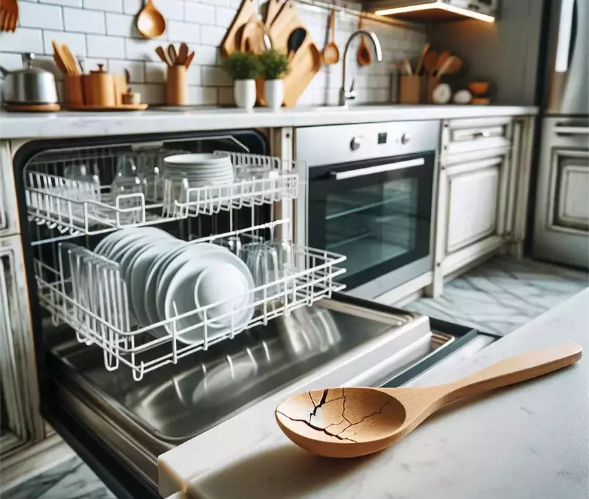 A wooden spoon showing signs of damage with cracks and warping, symbolizing the effects of dishwasher heat and detergents