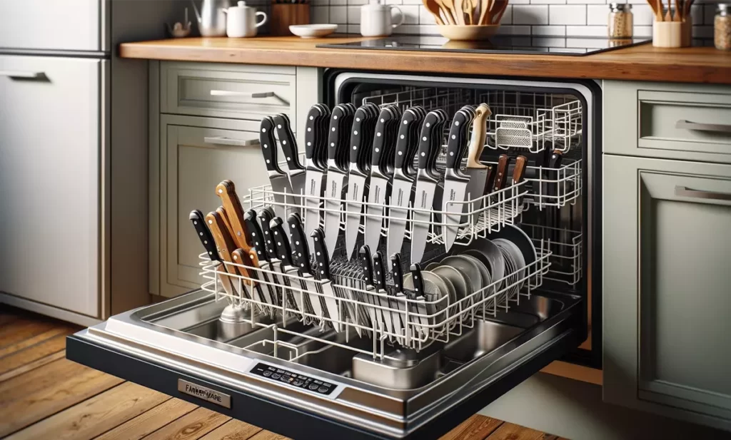 Farberware knives on the top rack of an open dishwasher, demonstrating proper placement and organization