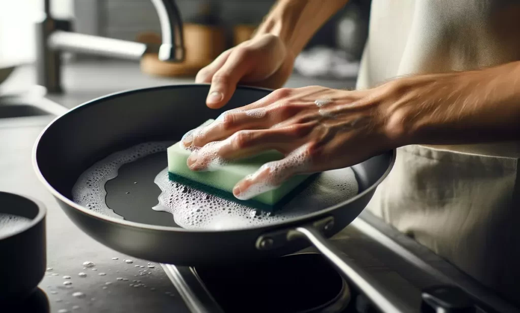 Hand-washing an All-Clad non-stick pan with a soft sponge to maintain the integrity of the non-stick coating