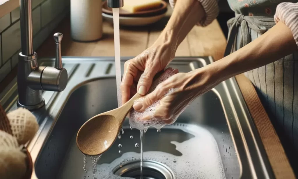 Hands gently washing a wooden spoon with mild soap and water, with care being taken to preserve the wood's integrity.