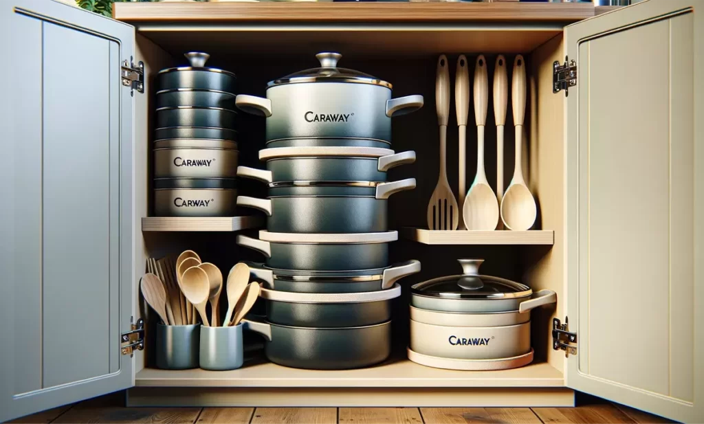 Neatly stored Caraway cookware with cookware-safe utensils like wooden and silicone spoons