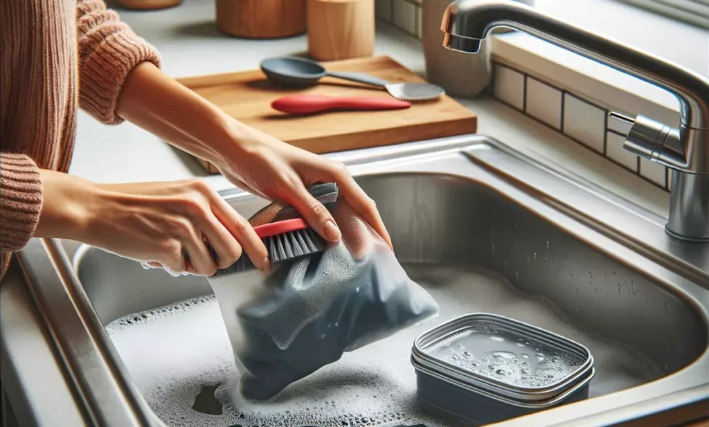 Person handwashing Stasher bags in a kitchen sink with a soft brush and soapy water