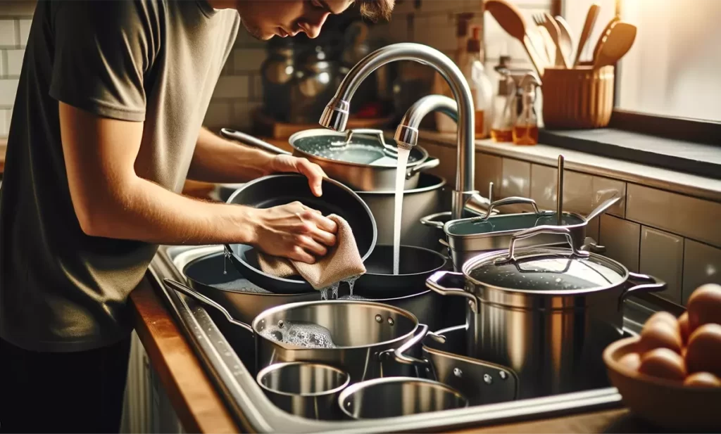 Person meticulously hand-washing various All-Clad cookware with gentle soap and a soft cloth in a kitchen sink
