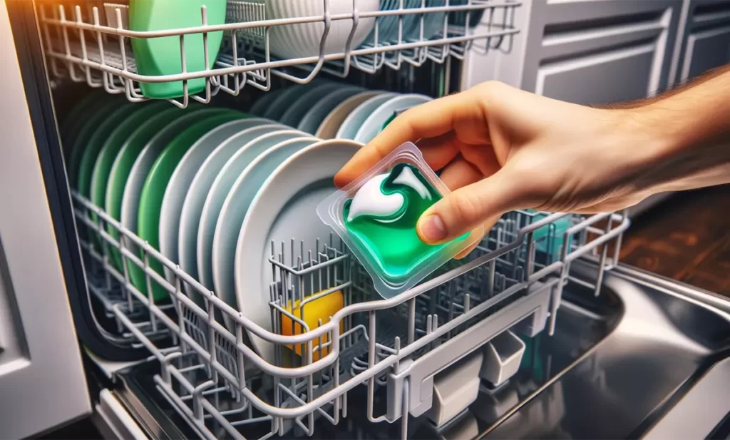Placing a dishwasher pod in the main detergent dispenser of an open dishwasher