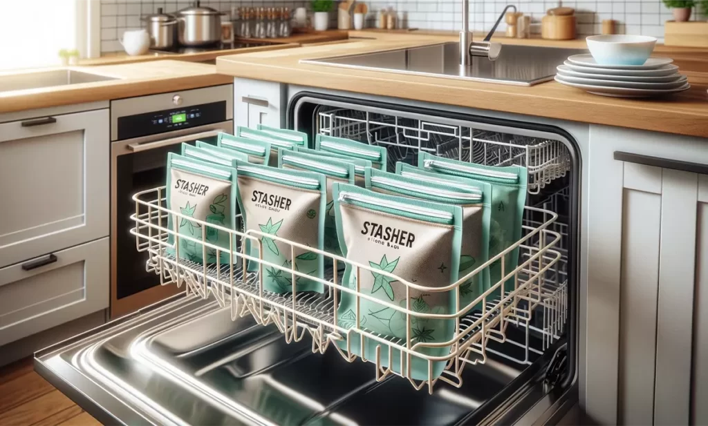 Stasher bags conveniently placed on the top rack of a dishwasher, highlighting they are dishwasher-safe