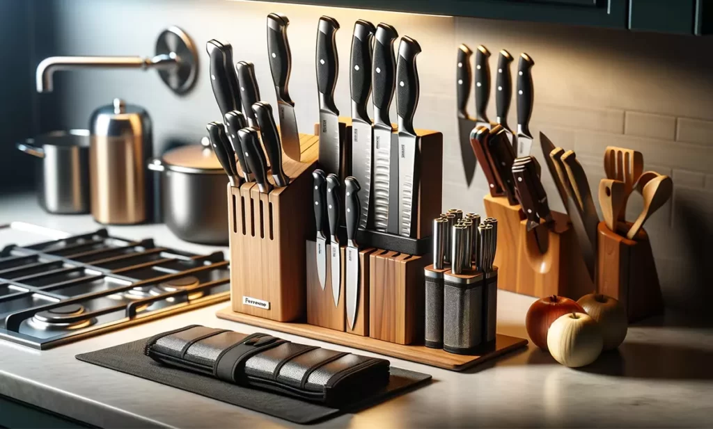 Various Farberware knives neatly stored in a knife block, on a magnetic strip, and in sheaths on a well-organized kitchen