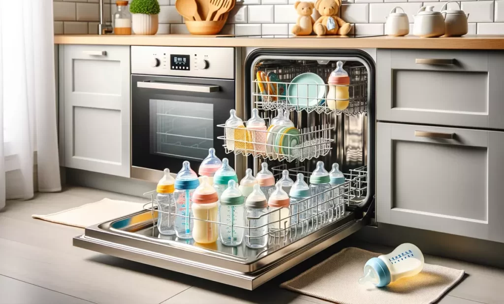 baby bottles and other dishes loaded into the dishwasher