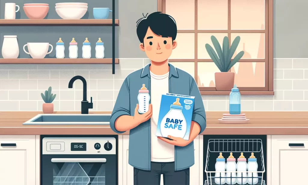 Father holding a baby bottle in one hand and a box of baby-safe dishwasher detergent in the other