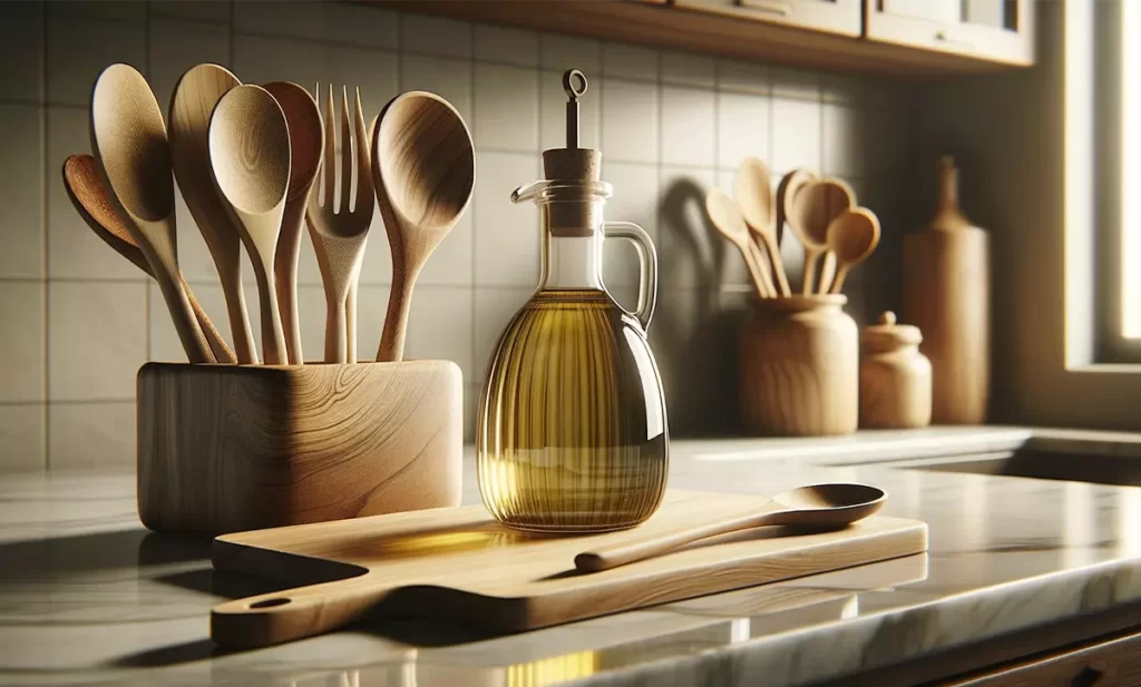 well-organized kitchen countertop with wooden spoons laid out next to a oil bottle